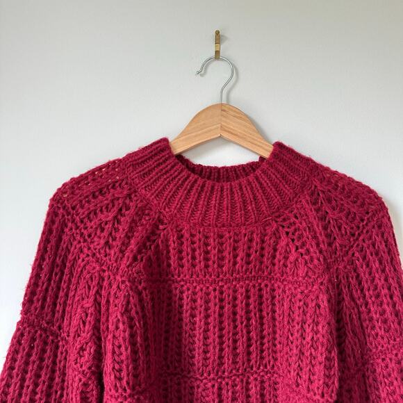 HYFVE Chunky-Knit Crew Neck Long Sleeve Cropped Pullover Sweater Red S - Picture 3 of 7